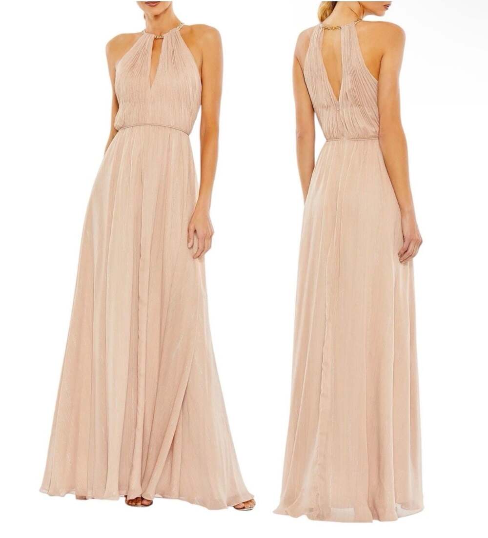 Mac Duggal Beaded Chain Trim Halter Neck A-Line Gown 55823 nude pink color 14